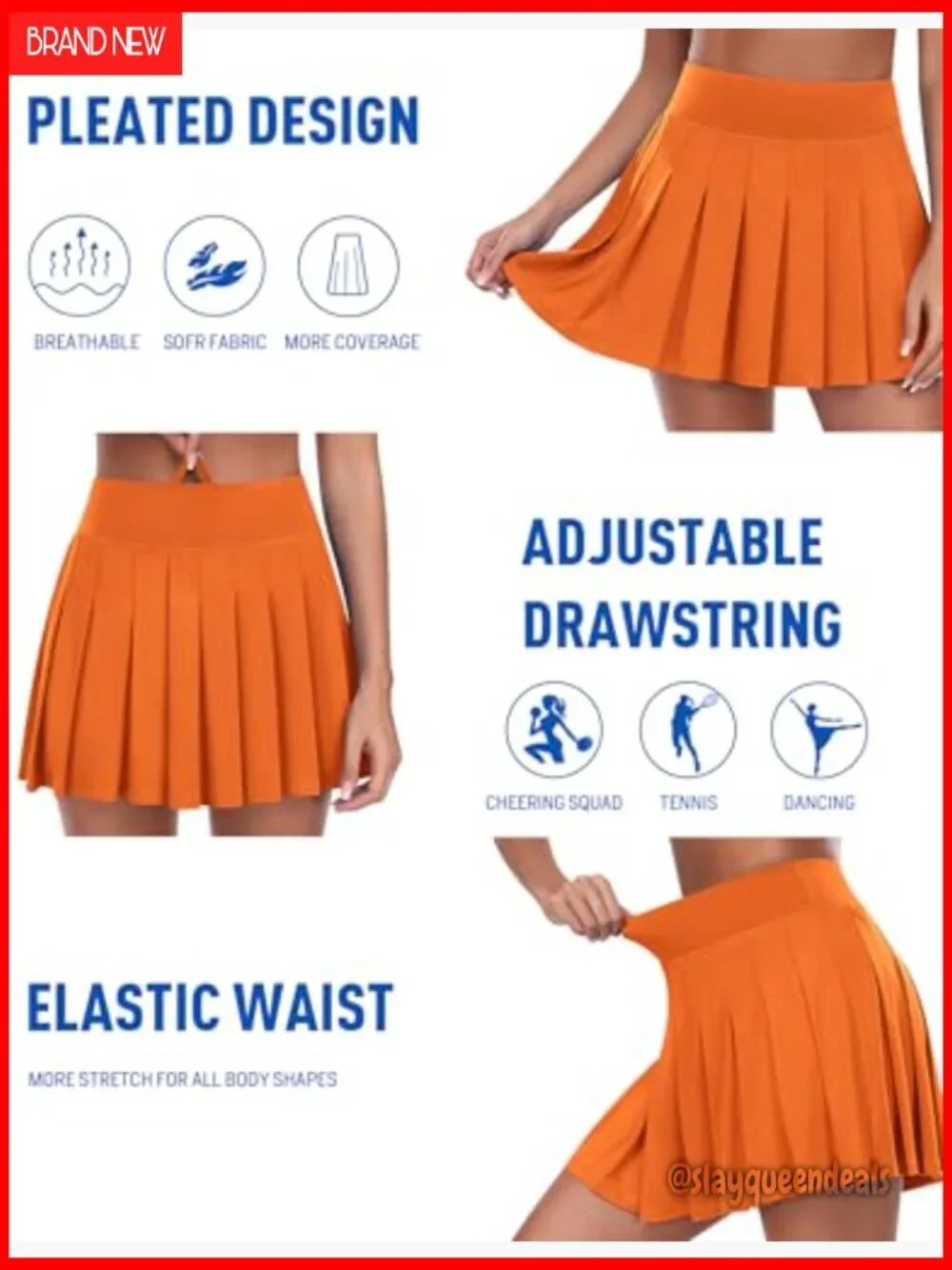 Pleated Tennis Skort with Built-in Shorts and Pockets, Adjustable Waist